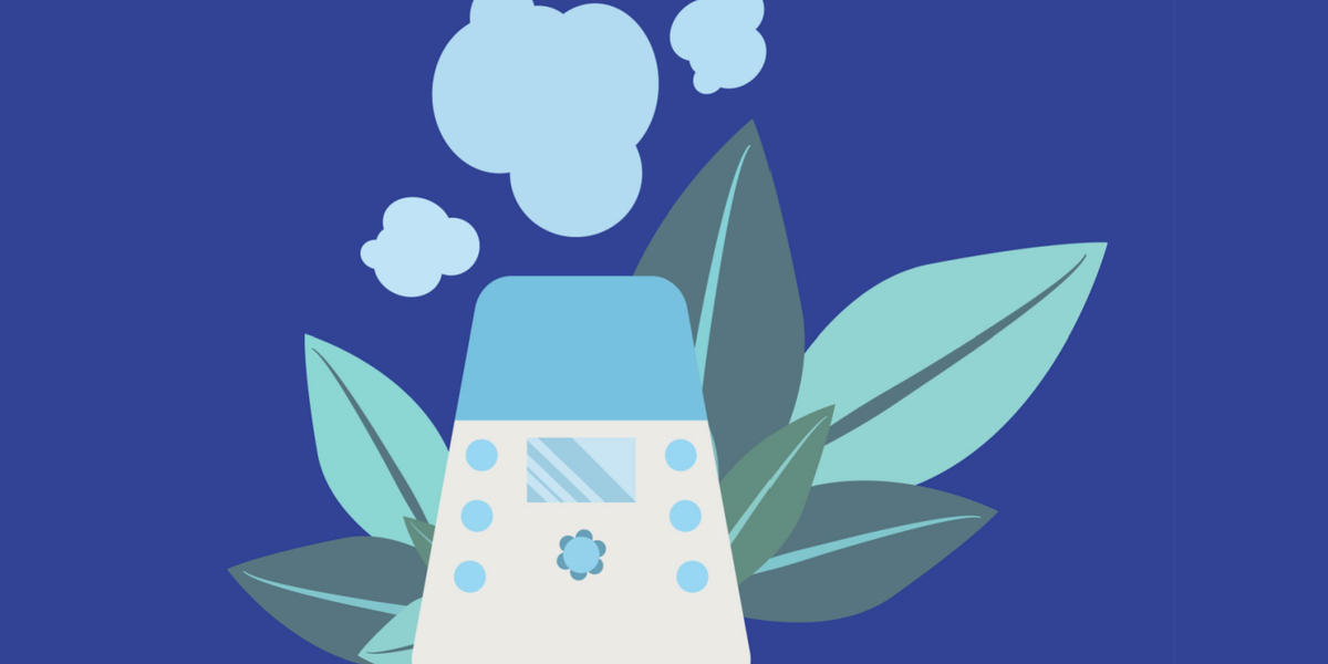 illustration of a humidifier in front of green plants on a blue background