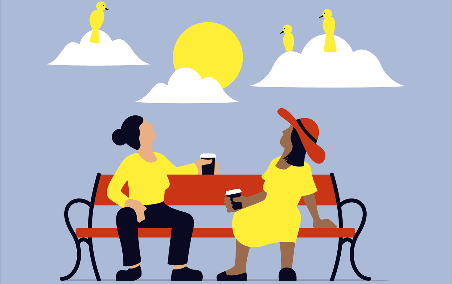 illustration of two people sitting on a red bench looking up at the sun and birds in the sky