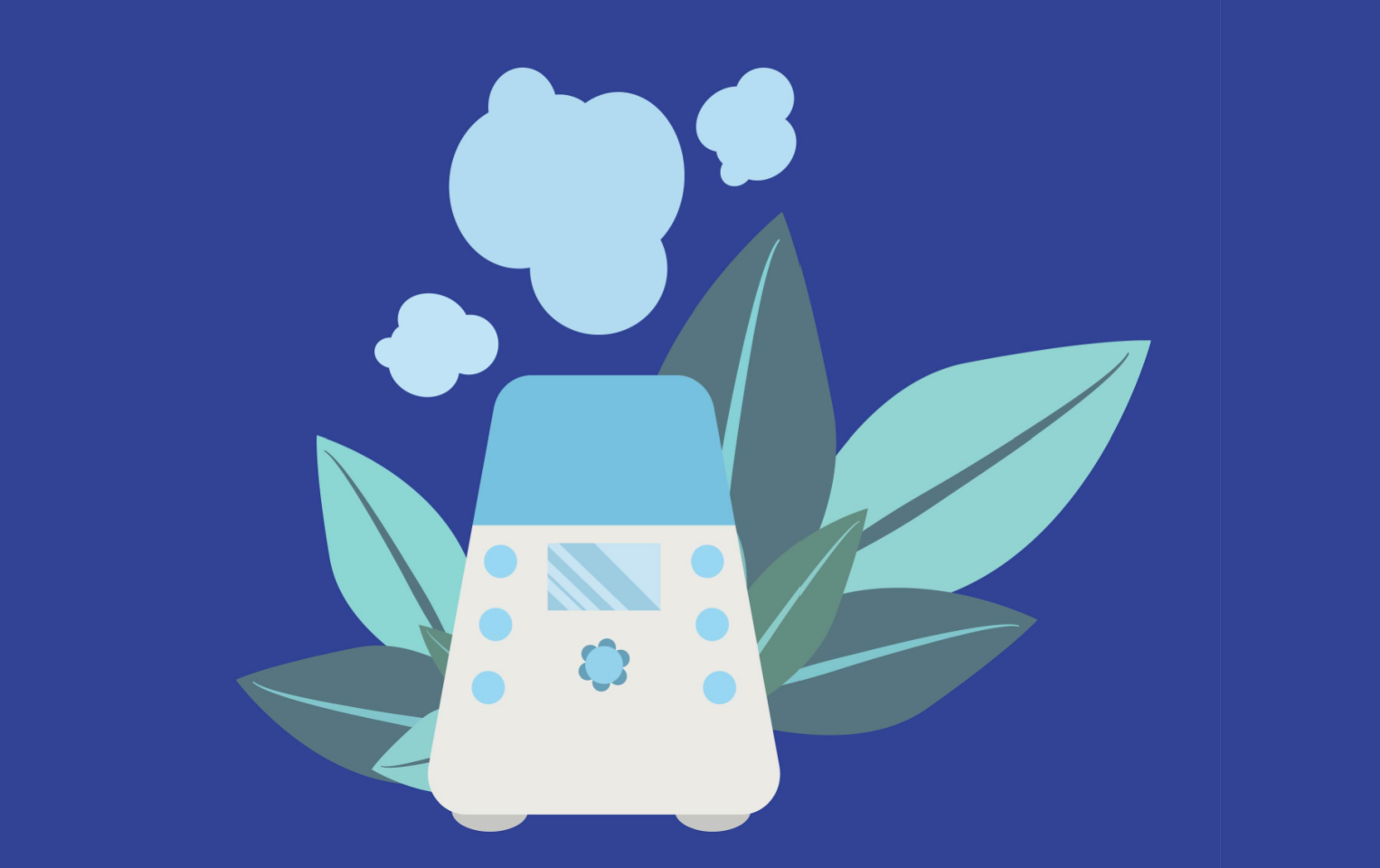 illustration of a humidifier in front of green plants on a blue background