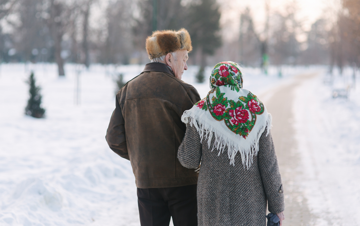 Back view of elderly couple walking in a snowy park