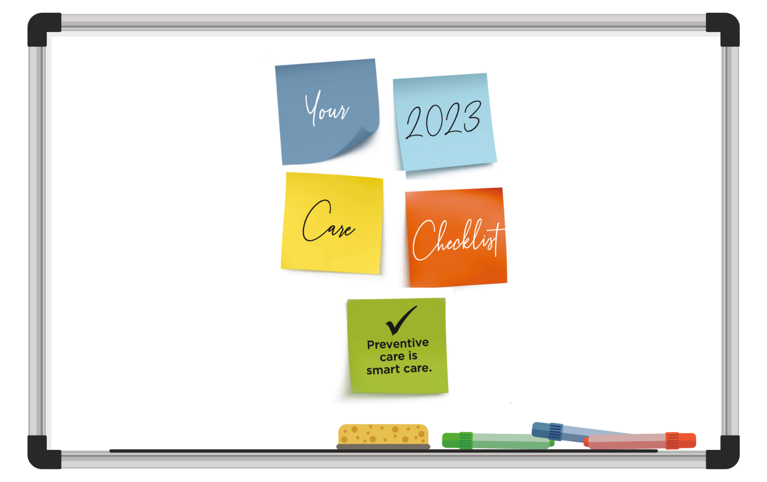 White board with sticky notes that read "Your 2023 Care Checklist"