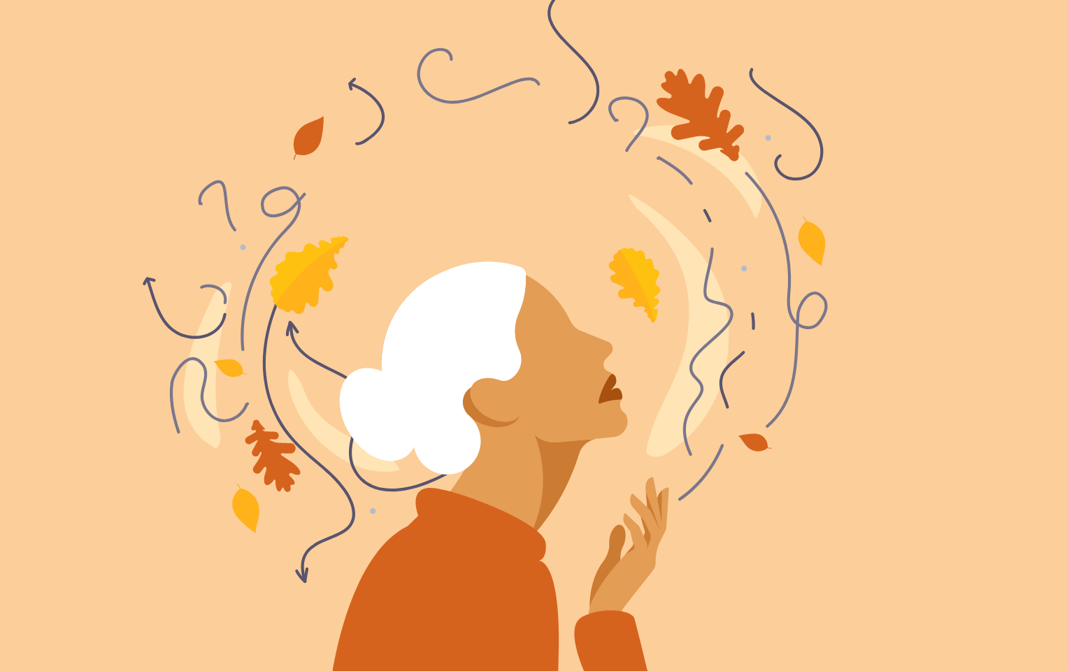 Illustration of a woman with leaves surrounding her on an orange background.