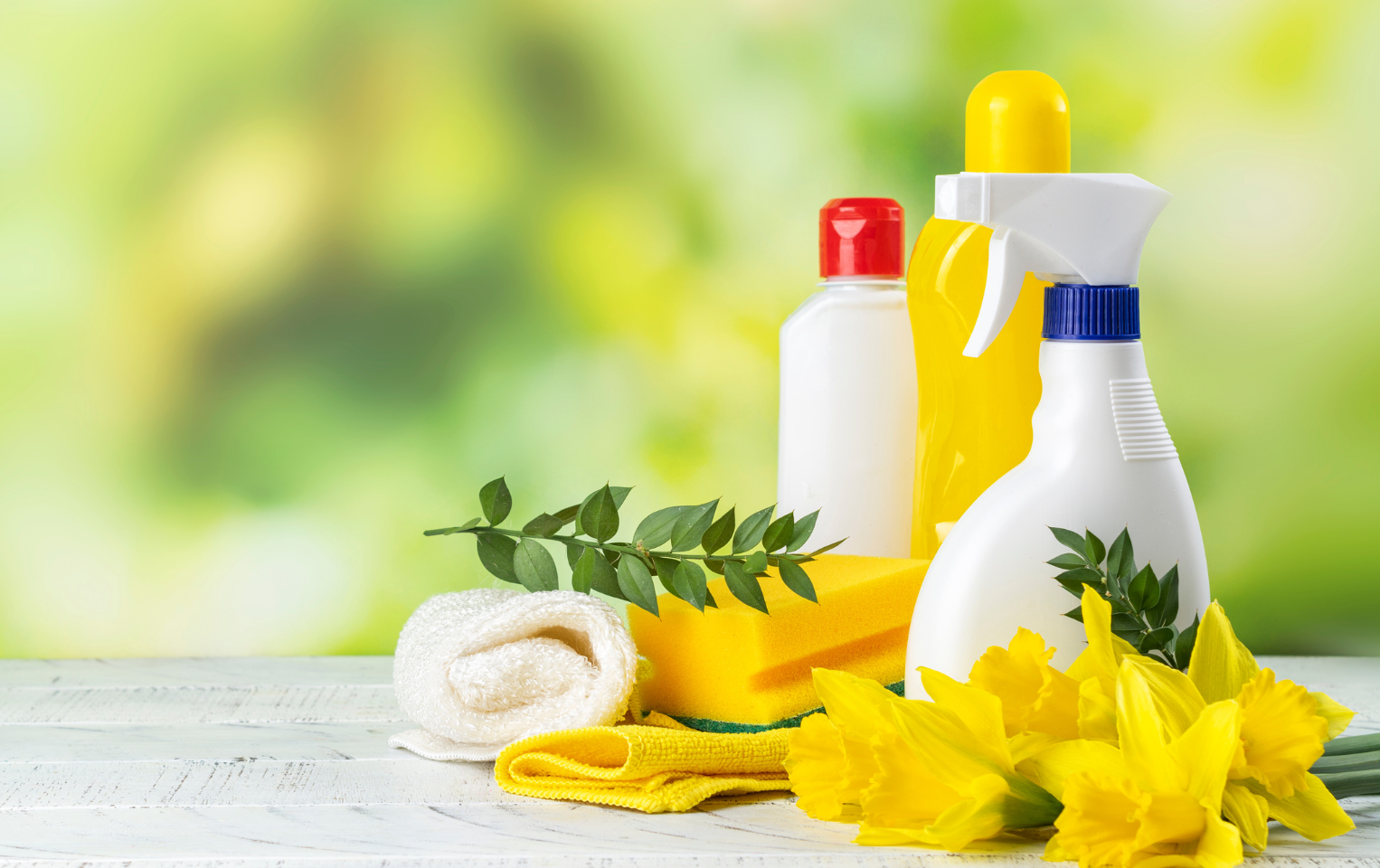 Cleaning supplies against a blurred spring background